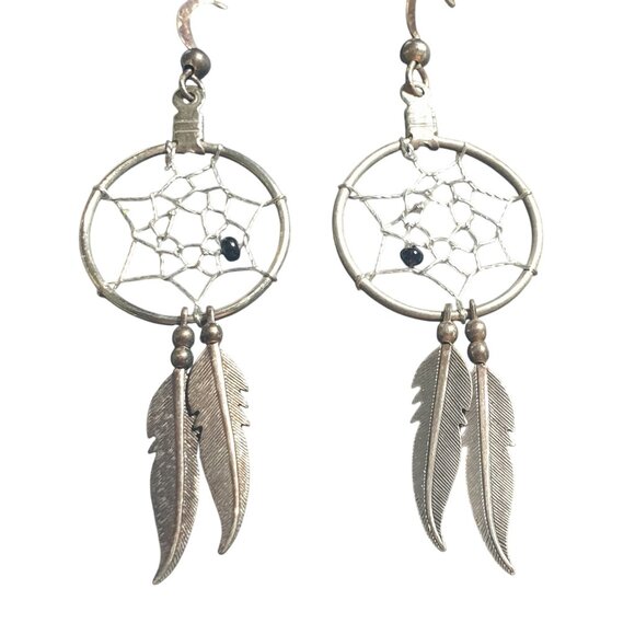 Dreamcatcher Dangle Hook Earrings Feather Charm Silver Metal Boho Tribal Style - Picture 1 of 4